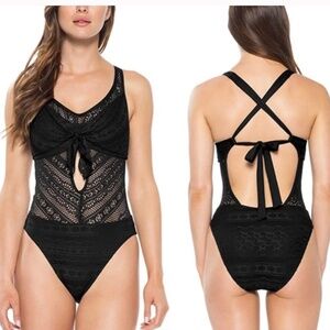 Becca by Rebecca Virtue Tie Front Black One Piece Swimsuit Size L